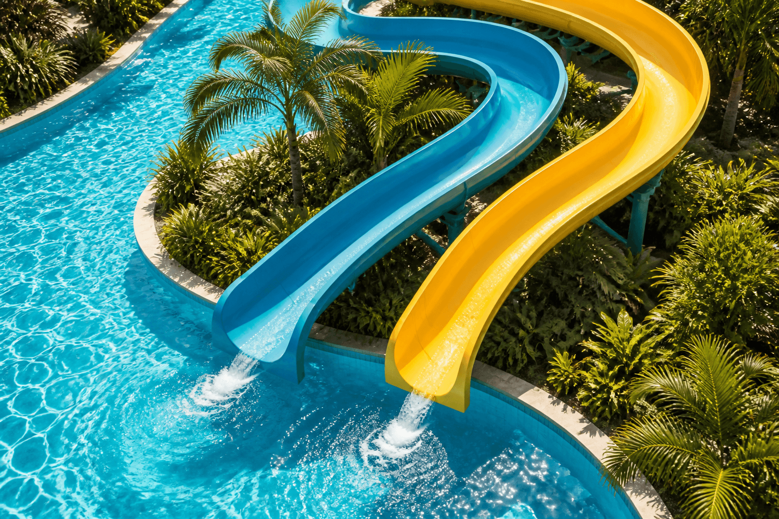 Two bright water slides curving together above a turquoise pool.