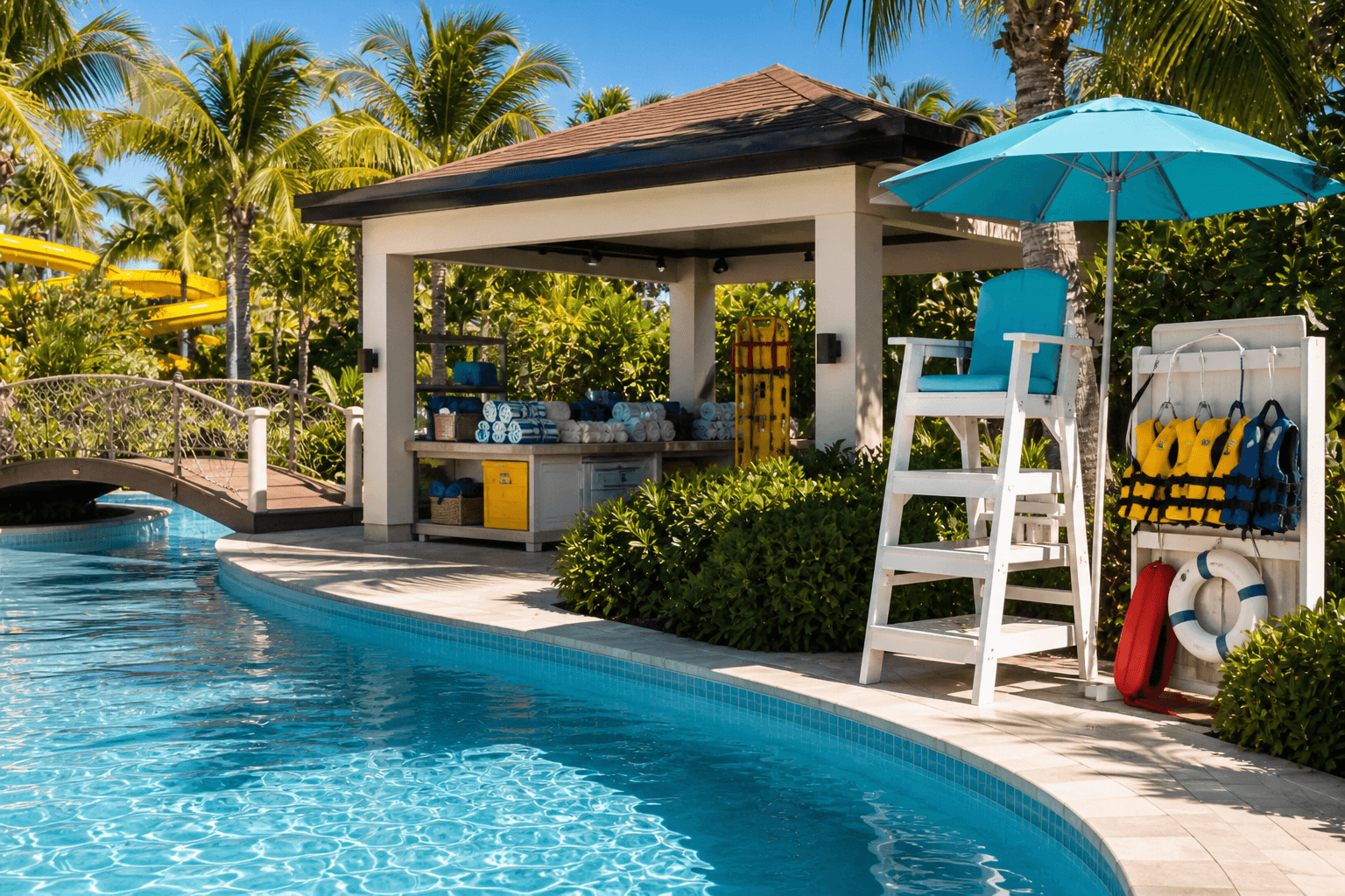 A tidy waterpark service pavilion with a lifeguard chair and safety equipment.