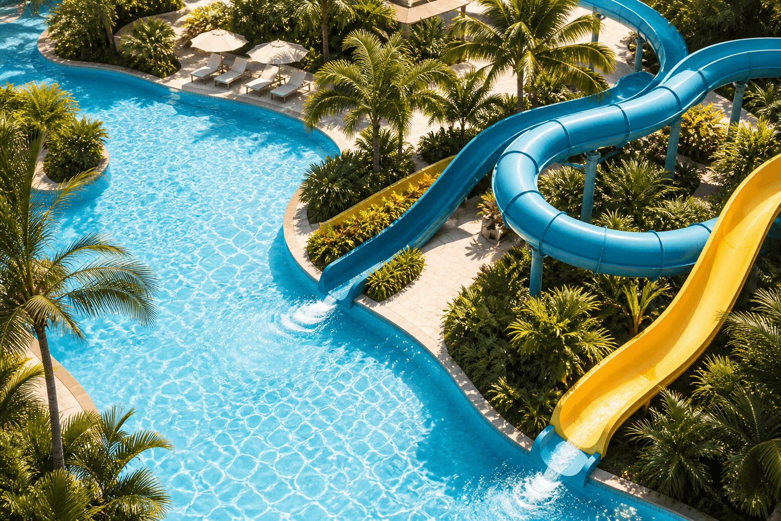 A tropical waterpark with blue and yellow slides above a clear turquoise pool.